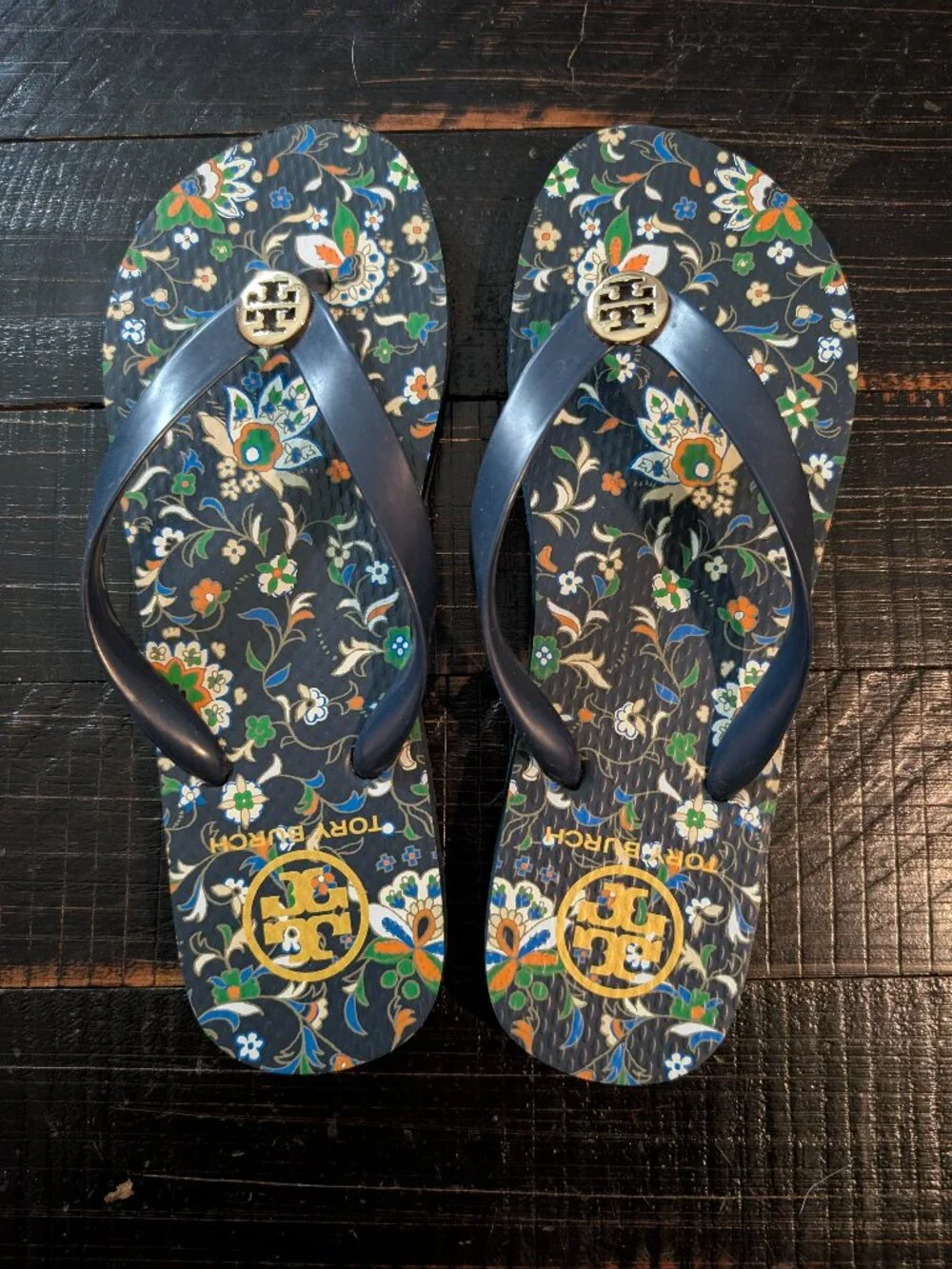Tory Burch Navy Blue Floral Flip Flops, Size 9
